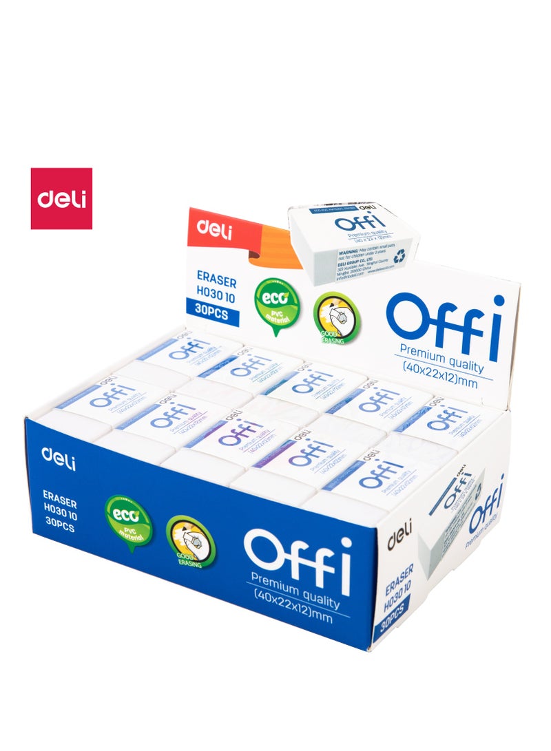 Deli EH03010 Eraser, 1 box with 30 pcs, Eco-PVC Material, Soft and Comfortable Grip, Extra Clean Erasing for Exam Use, 40脳22脳12mm - Image 1