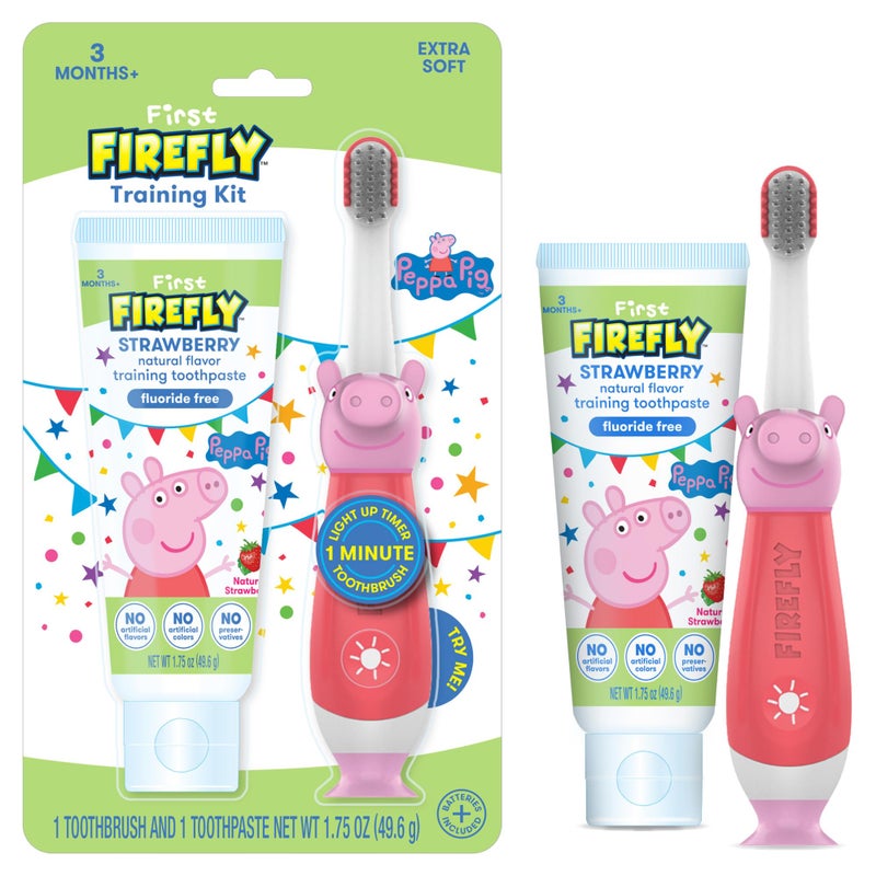 Firefly First Firefly Peppa Pig Training Kit, Light Up Toothbrush with Extra Soft Bristles and Natural Strawberry Flavor Training Toothpaste, 1.75 oz - Image 1
