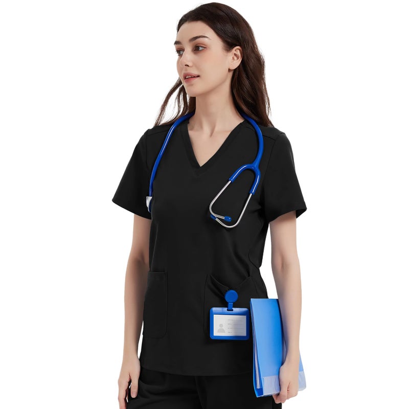 QBK Yoga Scrub Top for Women V Neck Shirt with 2 Pockets, Comfort Soft Stretch, Easy Care (L,Black) - Image 1