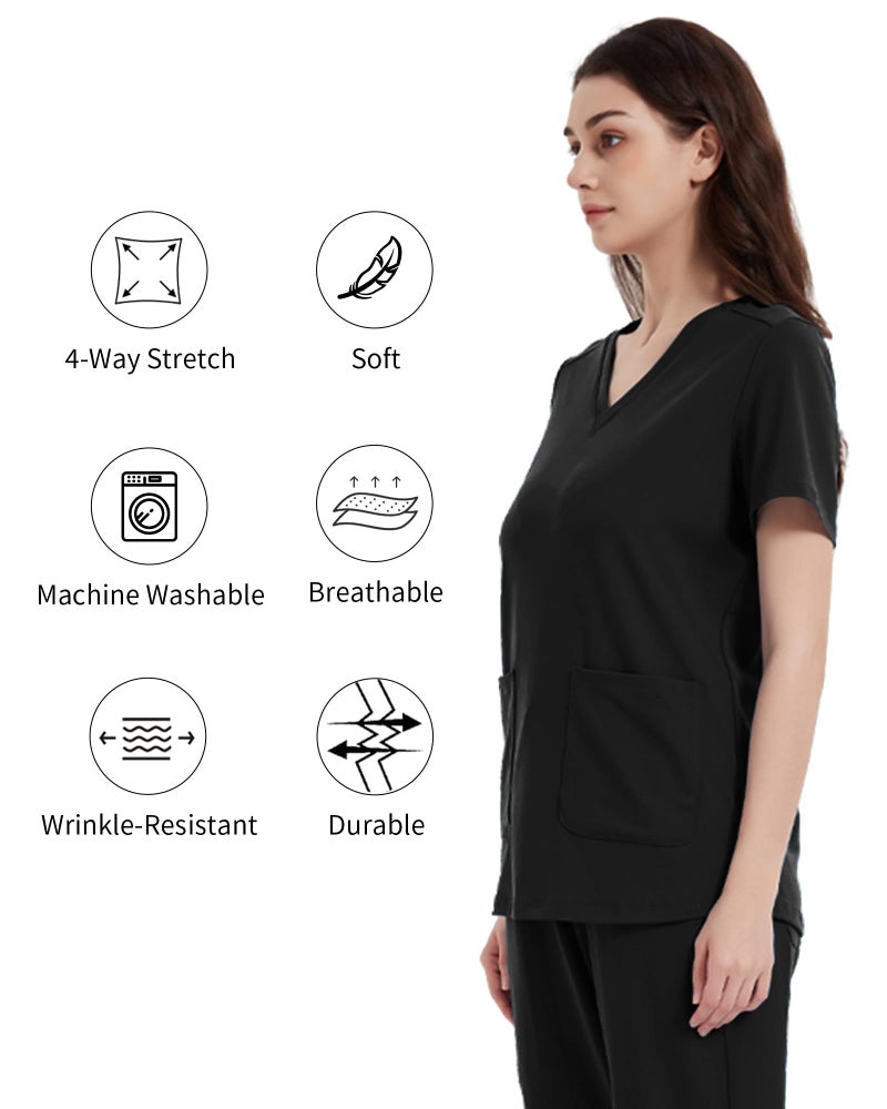QBK Yoga Scrub Top for Women V Neck Shirt with 2 Pockets, Comfort Soft Stretch, Easy Care (L,Black) - Image 2