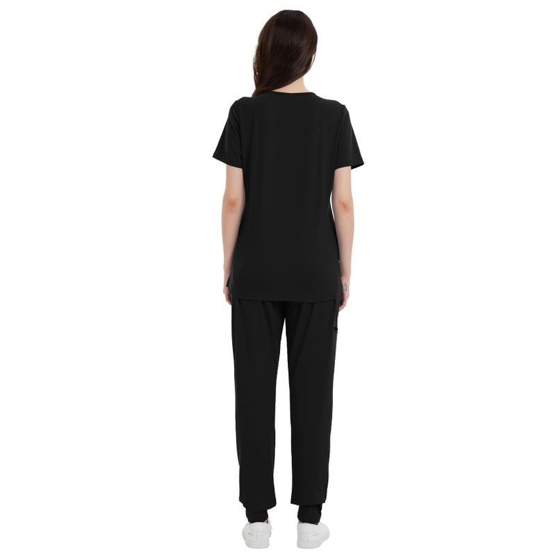QBK Yoga Scrub Top for Women V Neck Shirt with 2 Pockets, Comfort Soft Stretch, Easy Care (L,Black) - Image 4