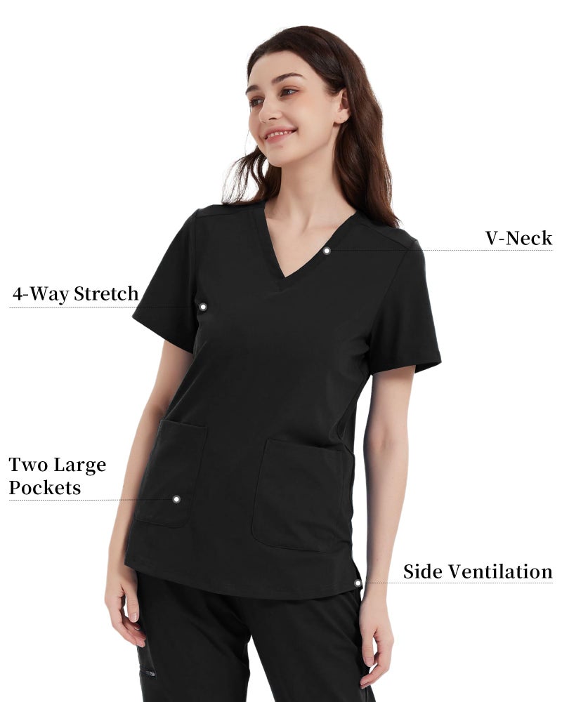 QBK Yoga Scrub Top for Women V Neck Shirt with 2 Pockets, Comfort Soft Stretch, Easy Care (L,Black) - Image 3