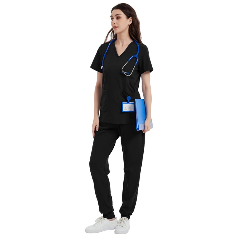 QBK Yoga Scrub Top for Women V Neck Shirt with 2 Pockets, Comfort Soft Stretch, Easy Care (L,Black) - Image 5