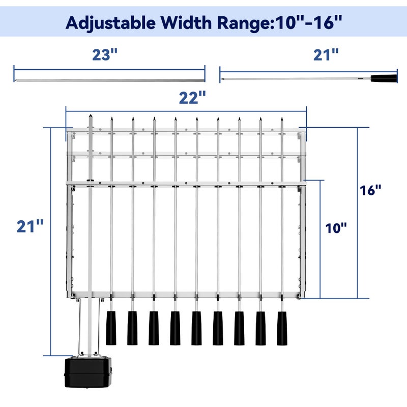 Skyflame Stainless Steel Electric Barbecue Shish Kabob Skewer Set with 9pcs Skewers, Automatic Rotating Skewer Turner with Adjustable Speed Motor and Adjustable Length Rotisserie BBQ Grill Rack - Image 2