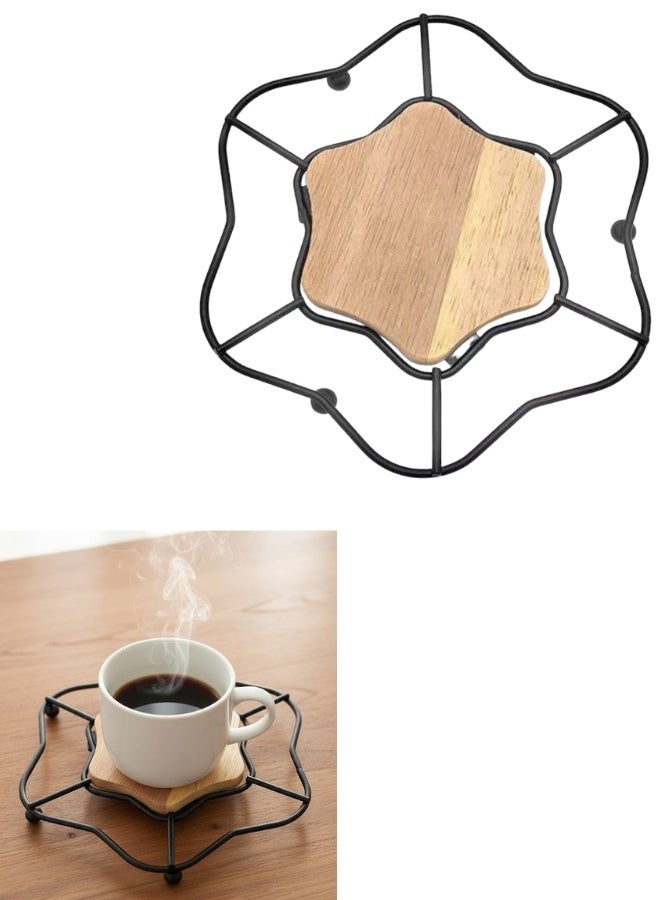 Star Design Hot Pot and Cup Coaster 18cm - Stylish Modern Metal and Wood Design Hot Pot Base - Heat Resistant to Protect Surfaces and Serve Dishes - Mug and Hot Pot Coaster for Home and Kitchen (Wooden and Black) - Image 1