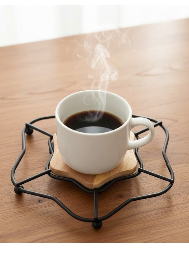 Star Design Hot Pot and Cup Coaster 18cm - Stylish Modern Metal and Wood Design Hot Pot Base - Heat Resistant to Protect Surfaces and Serve Dishes - Mug and Hot Pot Coaster for Home and Kitchen (Wooden and Black) - Image 3