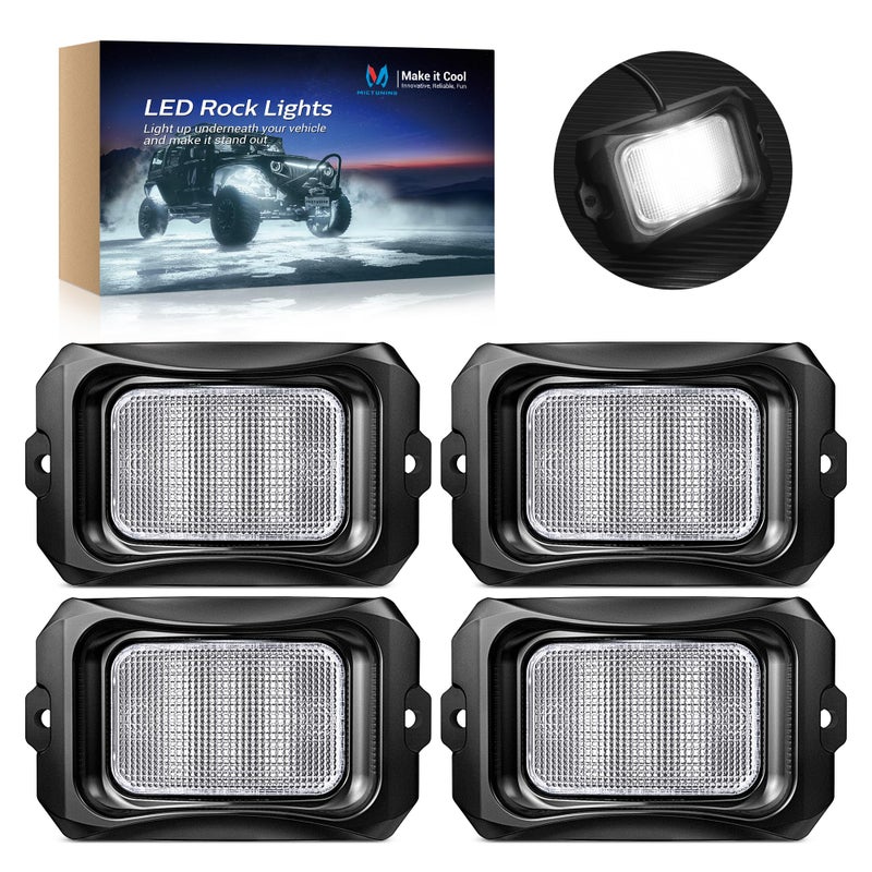 MICTUNING C2 Curved White LED Rock Lights 4 Pods Underglow Lights Compatible for Car Truck Offroad ATV UTV Boat