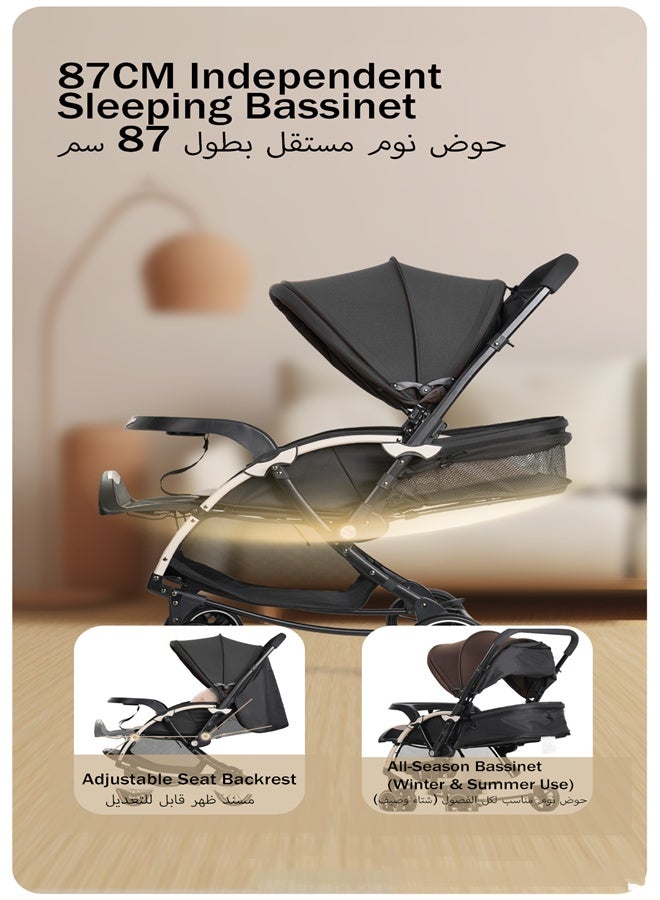 baobaohao Luxury Baby Stroller with Reversible Handle, Compact Travel Stroller for Airplane, 87cm Full-Size Sleeping Bassinet, One-Hand Fold, All-Terrain Wheels, Extendable UPF50+ Canopy for Newborn to Toddler - Image 4