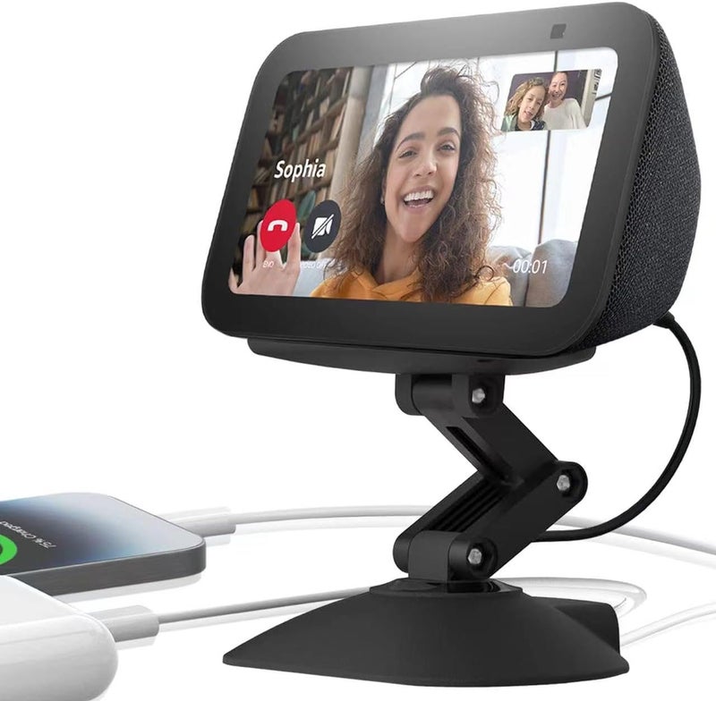 حامل قابل لضبط الارتفاع لجهاز Echo Show 5 (الجيل الثالث) مع منفذ USB-C ومنفذ شحن، محطة شحن قابلة للإمالة والدوران بمغناطيس قوي لشحن هواتفكم وأجهزة الأذن اللاسلكية. - Image 1