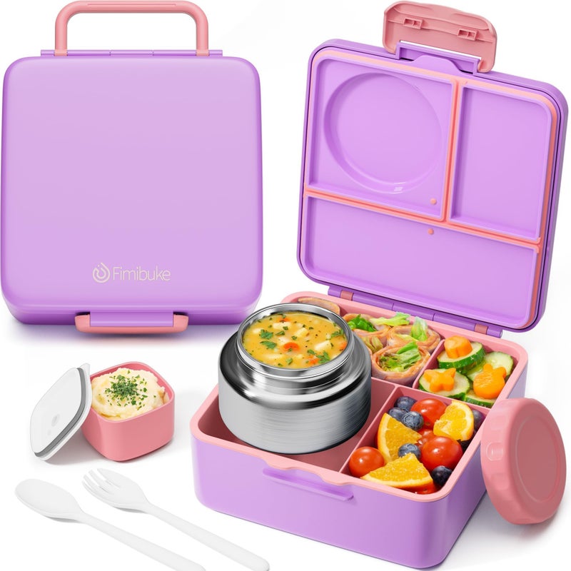 Fimibuke Bento Box for Kids Adult with Thermos 34 Compartment 60OZ Toddler Lunch Box Container with Leakproof 8OZ Insulated Food Jar Sauce Jar Utensil for School Boy Girl BPAFree Dishwasher Safe