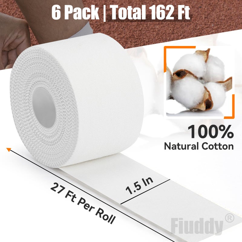 Fiuddy Professional 6 Pack White Athletic Sports Tape - 1.5 Inch Ã— 27 Feet Per Roll | Total 162 Feet, Very Strong Easy Tear No Sticky Residue Wrist Ankle Tape for Football Climbing Soccer Gymnastics Injuries - Image 2