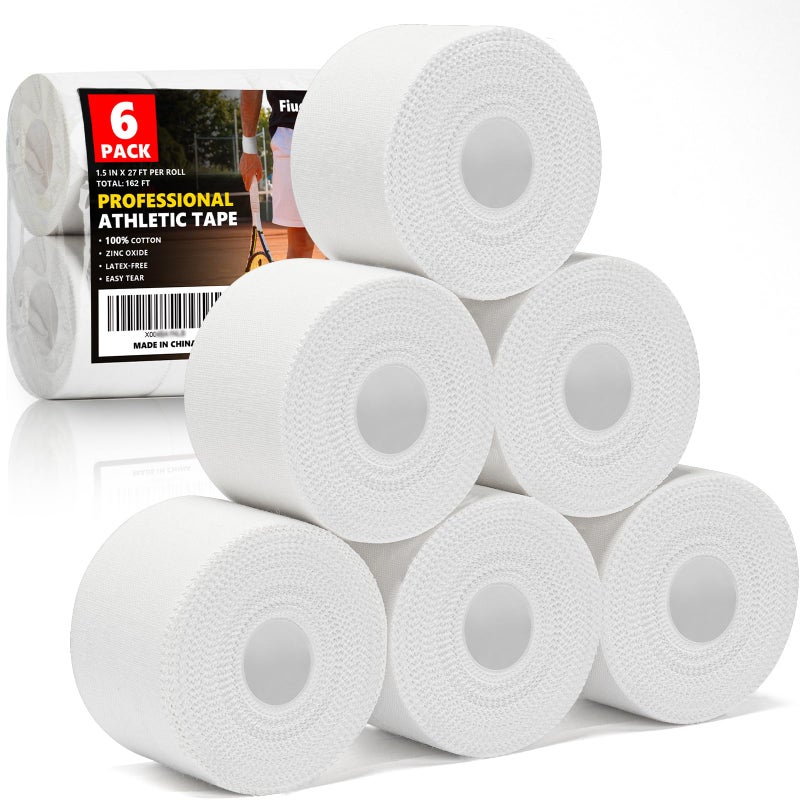 Fiuddy Professional 6 Pack White Athletic Sports Tape - 1.5 Inch Ã— 27 Feet Per Roll | Total 162 Feet, Very Strong Easy Tear No Sticky Residue Wrist Ankle Tape for Football Climbing Soccer Gymnastics Injuries - Image 1