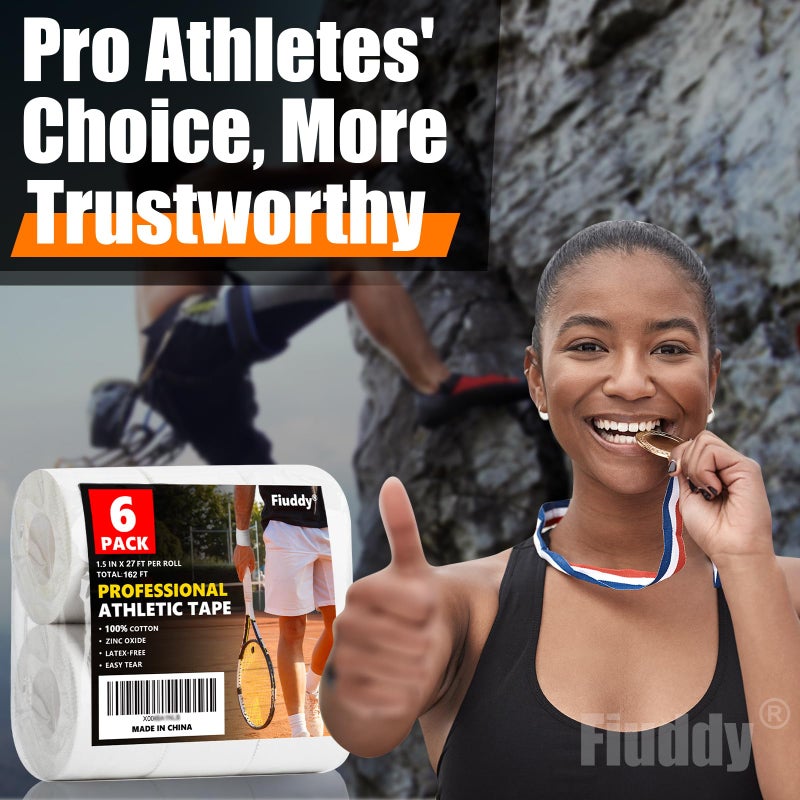 Fiuddy Professional 6 Pack White Athletic Sports Tape - 1.5 Inch Ã— 27 Feet Per Roll | Total 162 Feet, Very Strong Easy Tear No Sticky Residue Wrist Ankle Tape for Football Climbing Soccer Gymnastics Injuries - Image 3