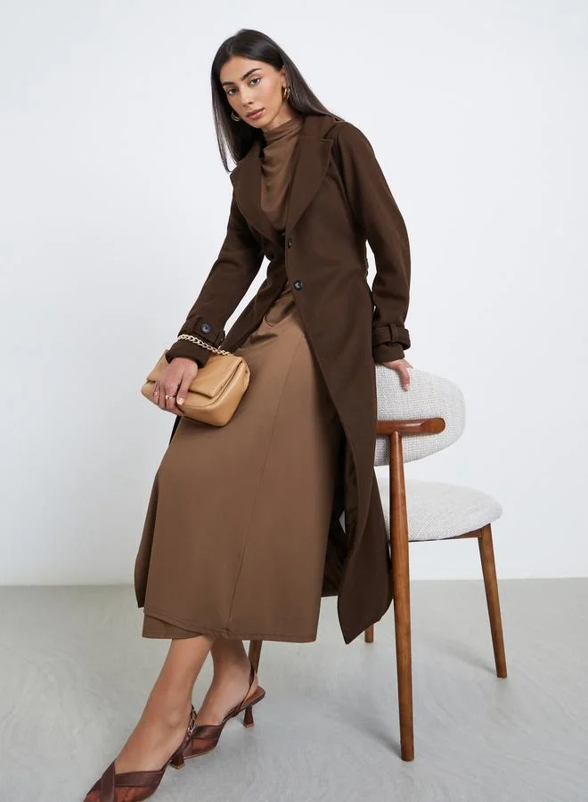 Styli Contrast Back Panel Wool Like Belted Coat