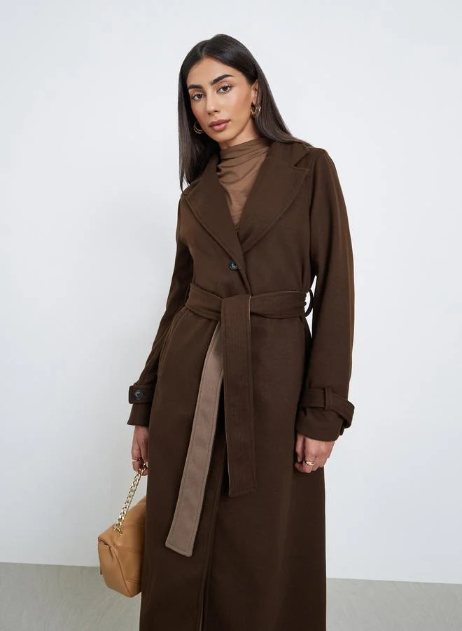 Styli Styli Contrast Back Panel Wool Like Belted Coat