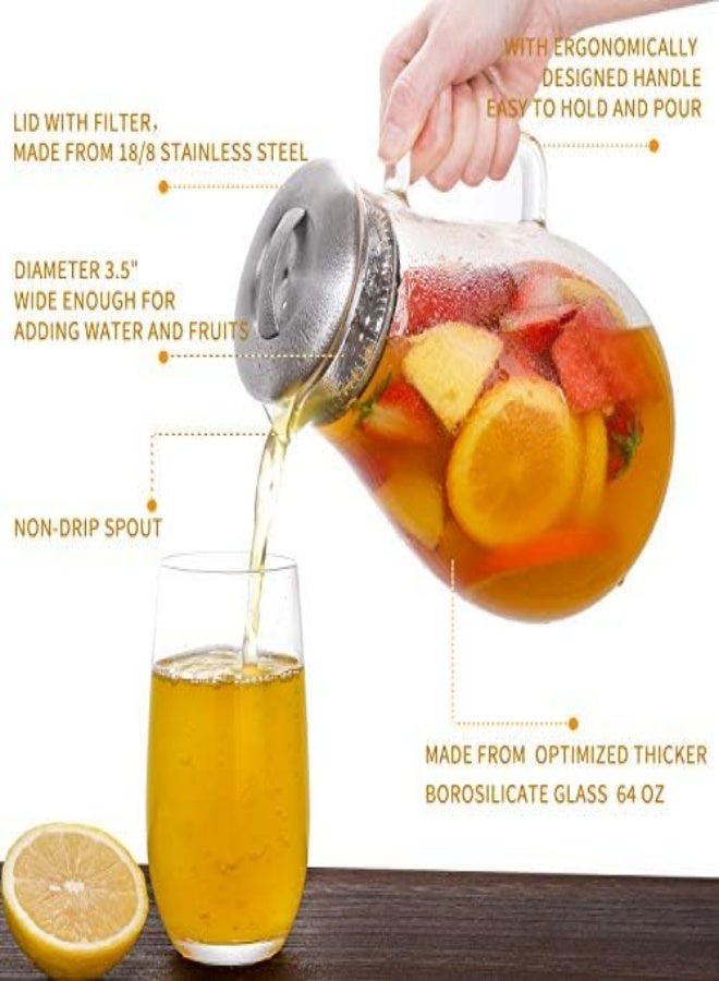 AKDC Hiware 64 Ounces Glass Pitcher With Stainless Steel Lid, Water Carafe With Handle, Good Beverage Pitcher For Homemade Juice And Iced Tea - Image 1