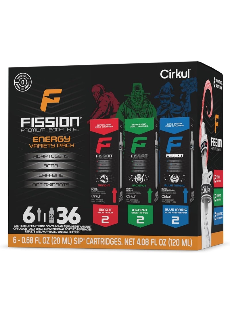Cirkul Fission Energy Flavor Cartridge Variety Pack with Caffeine, 6-Pack (2 Send It, 2 Jackpot, 2 Blue Magic) - Image 1