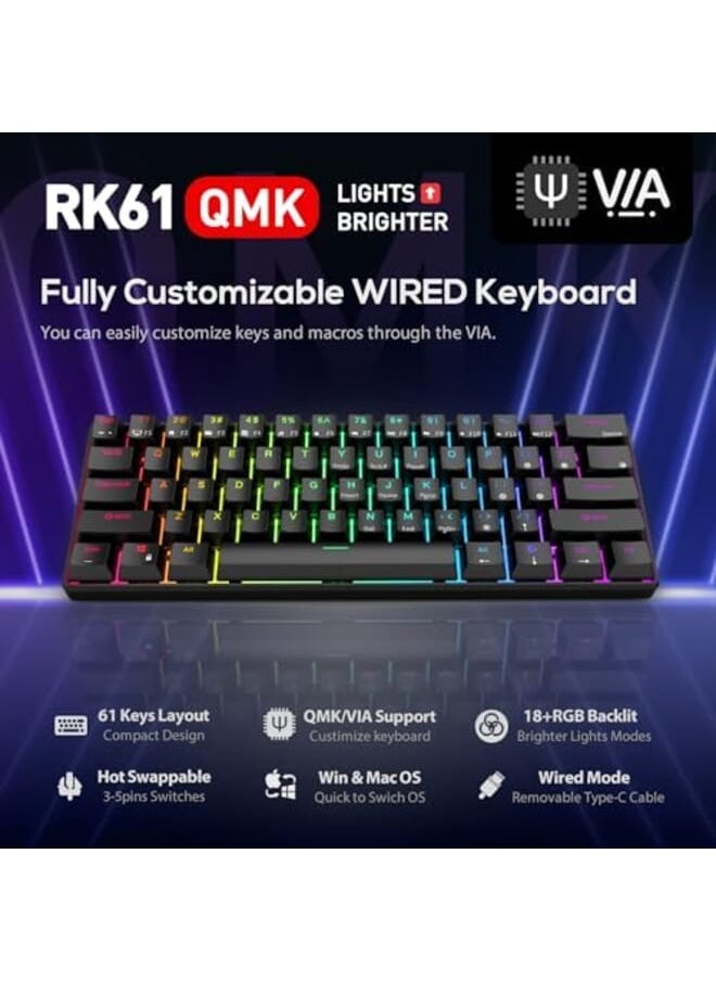 RK ROYAL KLUDGE - Royal Kludge Rk61 Wired 60% Mechanical Gaming Keyboard Rgb Backlit Ultra Compact Blue Switch - Image 1