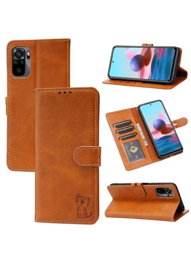 The Bros Case For Xiaomi Redmi Note 10 5G Embossed Happy Cat Pattern Horizontal Flip Leather Case with Holder & Card Slots & Wallet