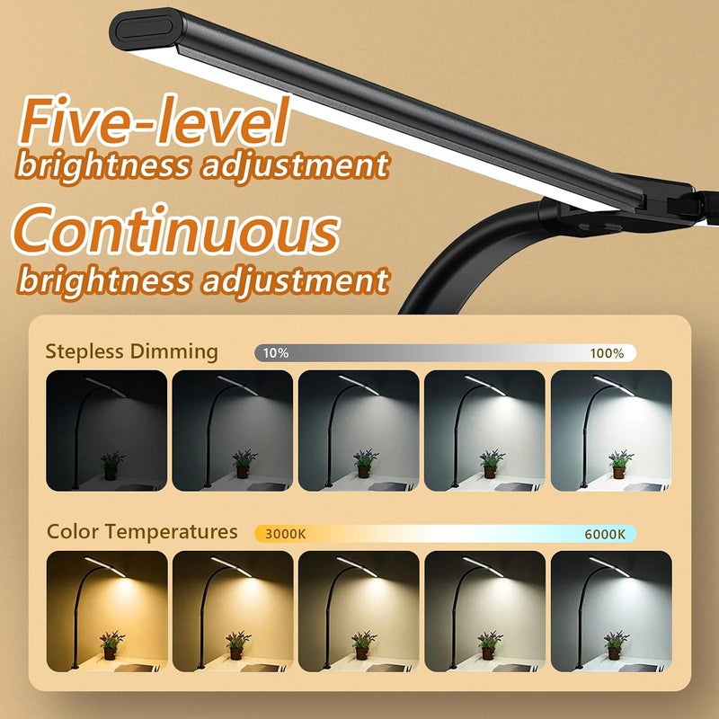 LOOPITYS LED Desk Lamp for Home Office, Double Head LED Desk Lamp with Clamp, Eye Protection Architect Table Lamps, 18W 80CM Brightest 5 Color Modes and Dimmable Workbench Office Light for Reading (BLACK) - Image 3