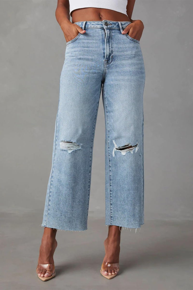 Allimy Women's High Rise Capris for Women Wide Leg Crop Jeans Baggy Y2K Clothing Light Wash Denim Blue Size 14 - Image 2