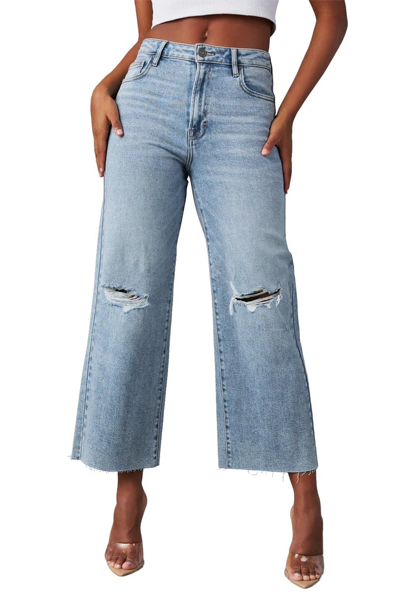 Allimy Women's High Rise Capris for Women Wide Leg Crop Jeans Baggy Y2K Clothing Light Wash Denim Blue Size 14 - Image 1