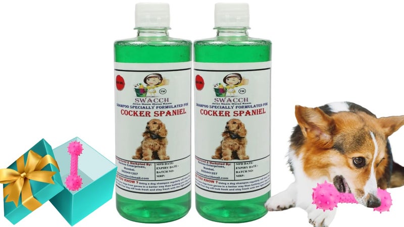 swacch Cocker Spaniel Dog Shampoo + Dumbbell Toy I Durable Rubber Dog Toy for Chewing I Playing,Teeth Cleaning & Training Toy I Combo Pack I 500ml Pack of 2 Neem Alovera - Image 1
