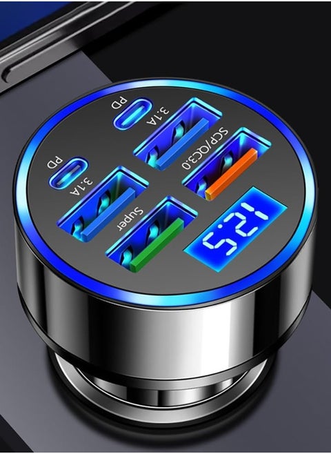 6 in 1 USB C Car Phone Charger Adapter with Voltage Display Dual PD Super Fast for iPhone 15 Pro max OPPO Samsung Huawei