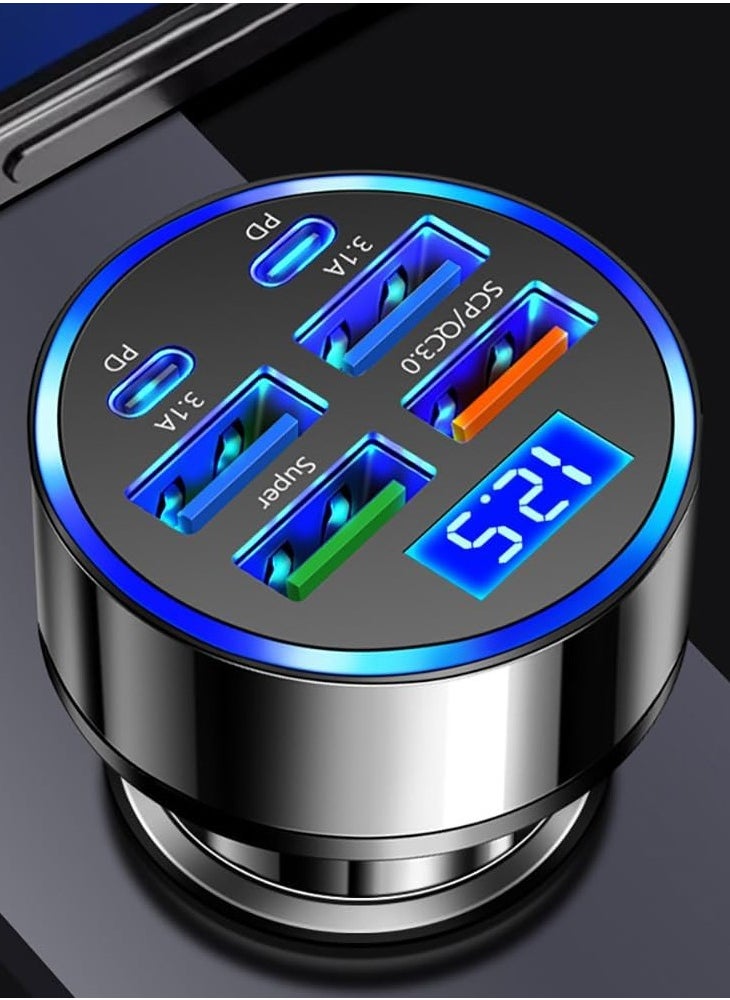 6 in 1 USB C Car Phone Charger Adapter with Voltage Display Dual PD Super Fast for iPhone 15 Pro max OPPO Samsung Huawei
