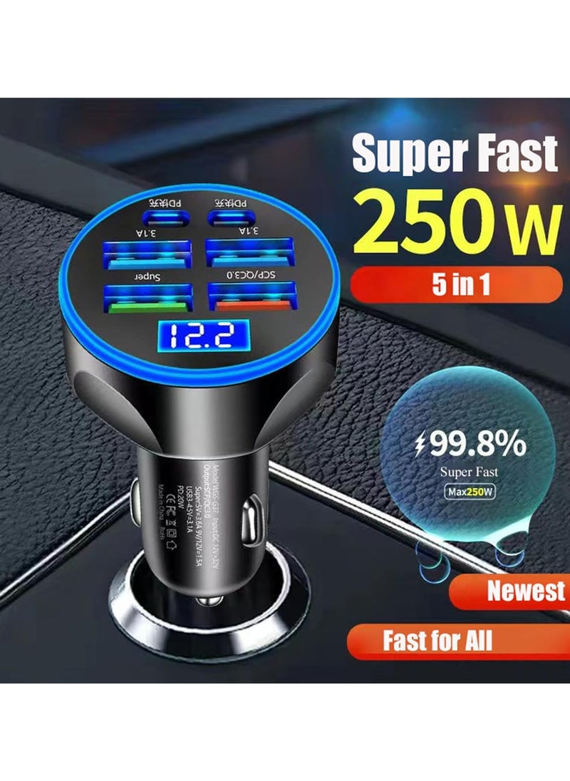 6 in 1 USB C Car Phone Charger Adapter with Voltage Display Dual PD Super Fast for iPhone 15 Pro max OPPO Samsung Huawei