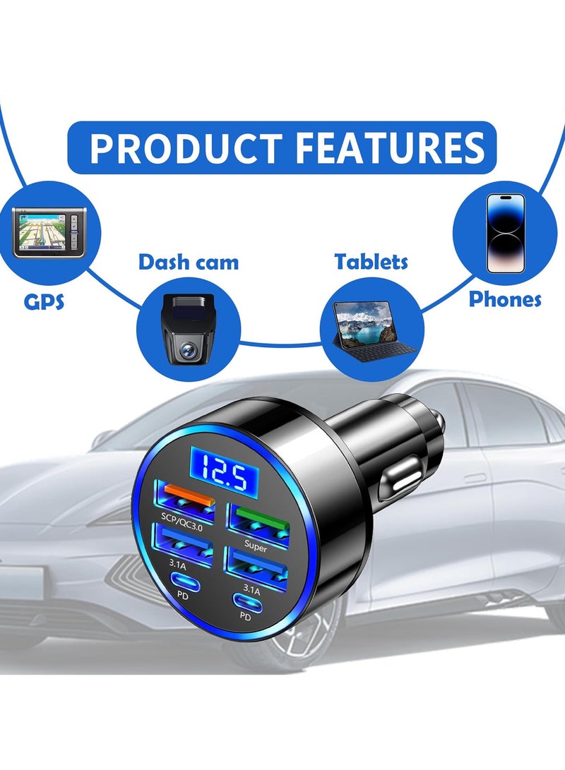 Super Fast Charge USB C Car Phone Charger Adapter 6 in 1 with Voltage Display 66W Multi Port Cigarette Lighter USB Charge for iPhone 16 15 14 13 12 11 Samsung Galaxy Huawei Oneplus Oppo Vivo  - Image 2