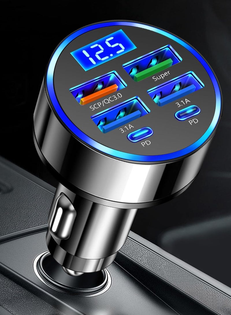 Super Fast Charge USB C Car Phone Charger Adapter 6 in 1 with Voltage Display 66W Multi Port Cigarette Lighter USB Charge for iPhone 16 15 14 13 12 11 Samsung Galaxy Huawei Oneplus Oppo Vivo  - Image 1