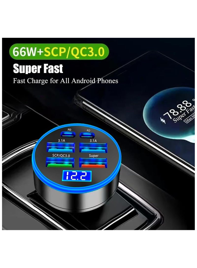 Car Charger 2 PD 4 USB Super Fast Charge 66W Car Charger Fast Charge with LED Light Display Car Charger Adapter Black - Image 5