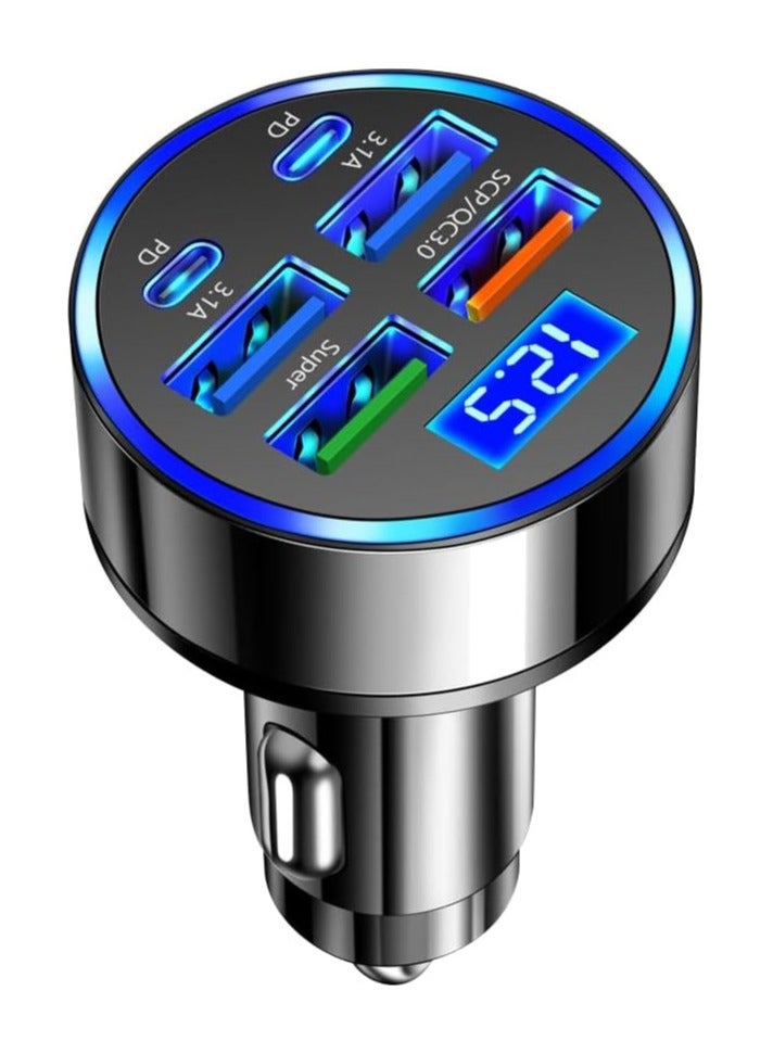 Car Charger 2 PD 4 USB Super Fast Charge 66W Car Charger Fast Charge with LED Light Display Car Charger Adapter Black - Image 1