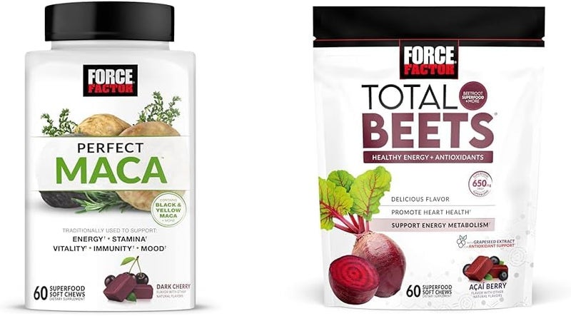 Force Factor Maca  Beet Soft Chews Bundle with 60 Maca Chews and 60 Beet Chews for Energy Stamina and Heart Health