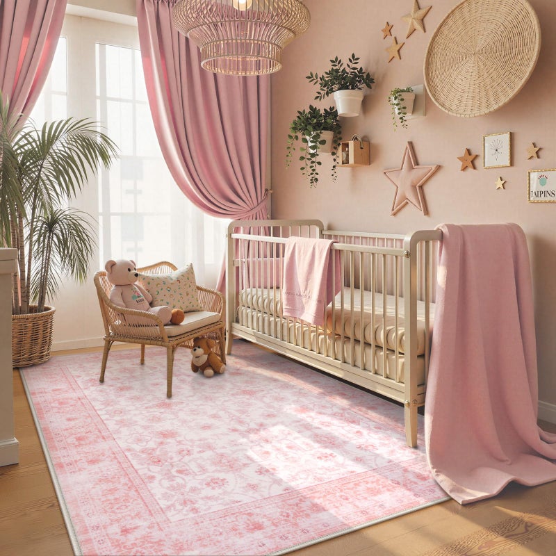 LIVEBOX Pink Area Rug 5x7, Vintage Living Room Rug Machine Washable Area Rugs, Pink Rugs for Bedroom Girls, Indoor Carpet for Dining Room Nursery Dorm Home Decor - Image 2