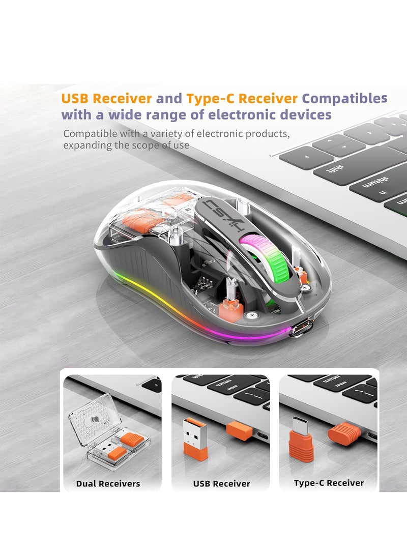 X-level Wireless Bluetooth Mouse,Dual Bluetooth & 2.4GHz Rechargeable Silent Bluetooth Wireless Mouse,Transparent Wireless Mouse, Computer Mice with USB Receiver, Portable, Cool LED, Ergonomic (Grey) - Image 2