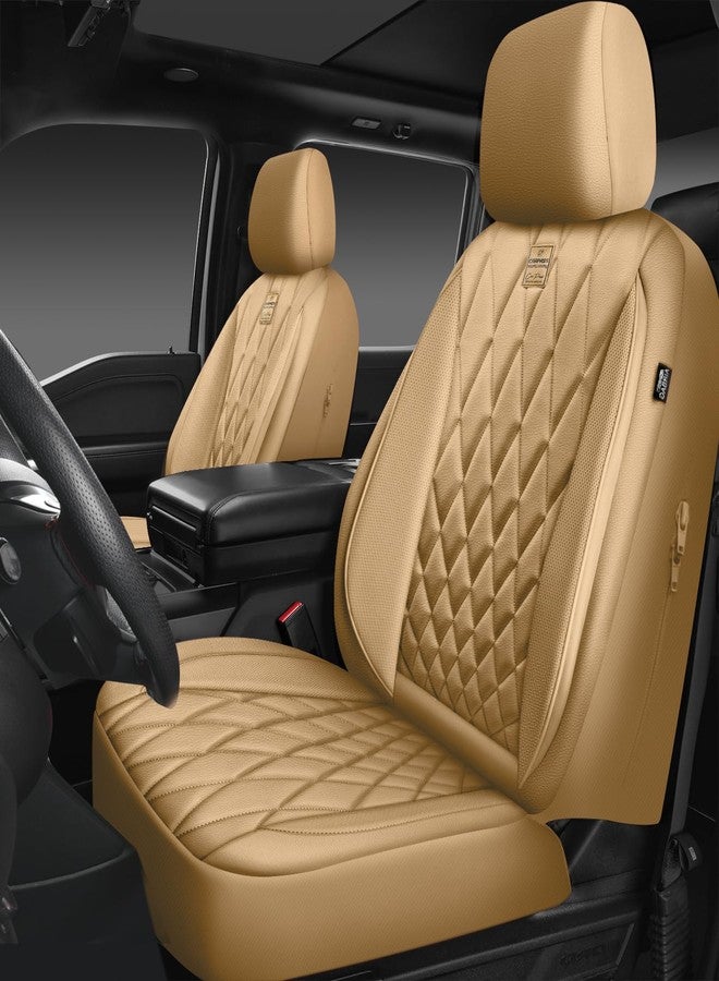 CAR PASS Piping Luxury PU Leather Two Front Car Seat Covers, Waterproof Anti Slip Seat Covers Compatible with Front Seat Armrests,Universal Fit for Suvs,Vans,Trucks,Airbag Compatible(All Beige) - Image 1