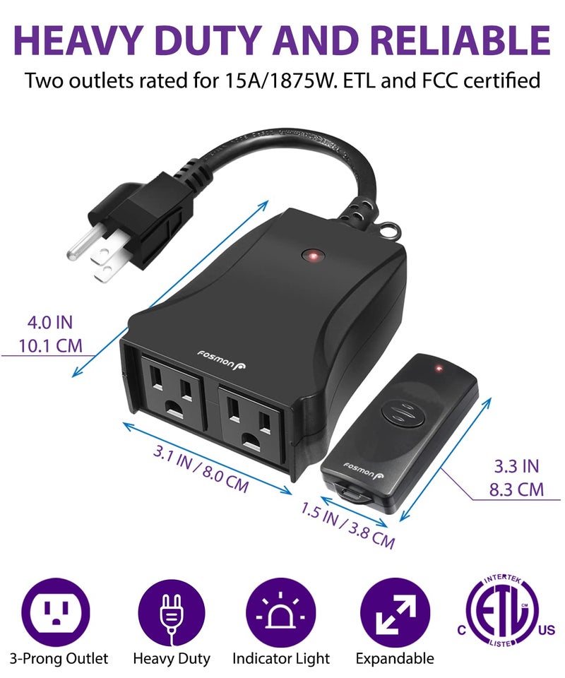 Fosmon Wireless Remote Control Outlet (2 Outlets, 80 Foot Range) ETL Listed Water Resistant Electrical Outlet for Outdoor Lights, Kitchen Appliances and Household Appliances (Battery Included) 2 Pack - Image 3