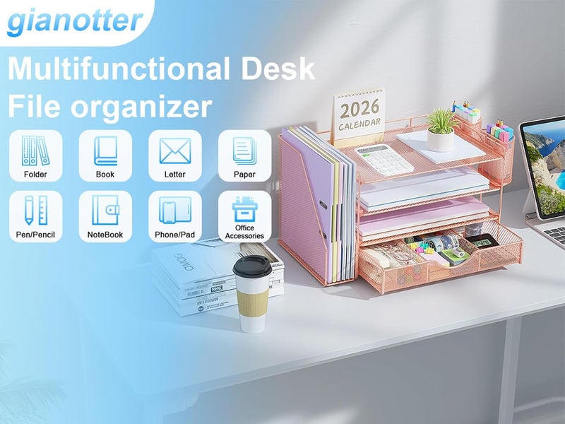 gianotter Paper Letter Tray Organizer with File Holder, 4-Tier Desk Accessories & Workspace Desk Organizers with Drawer and 2 Pen Holder for Office Supplies (Rose Gold) - Image 4