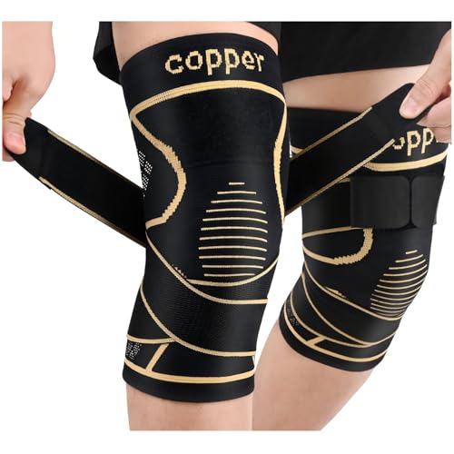 JHVW Copper Knee Brace for Women Men 2-Pack, Knee Compression Sleeve with Straps, Knee Braces for Knee Pain, Knee Support for Running Working - Image 1