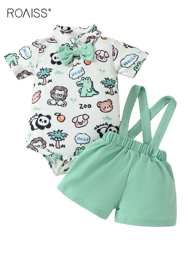 roaiss Baby Boy Clothes Set, Summer Outfit with Cartoon Romper and Suspender Shorts, Little Gentleman Short Sleeve Romper Shirt and Suspender Pants Set with Bow Tie, Suitable for Daily Wear, Performances and Outdoor Activities - Image 1