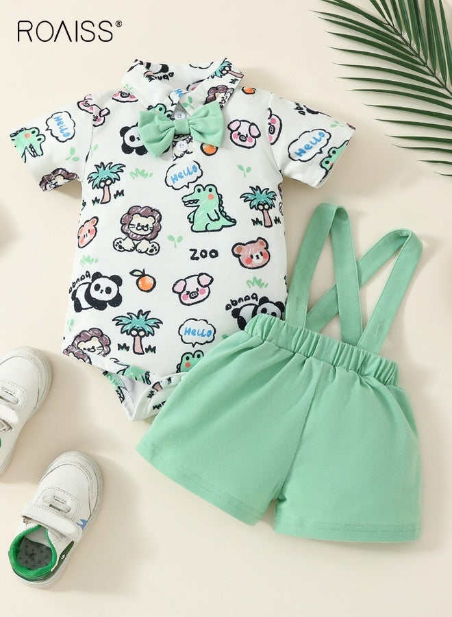 roaiss Baby Boy Clothes Set, Summer Outfit with Cartoon Romper and Suspender Shorts, Little Gentleman Short Sleeve Romper Shirt and Suspender Pants Set with Bow Tie, Suitable for Daily Wear, Performances and Outdoor Activities - Image 4