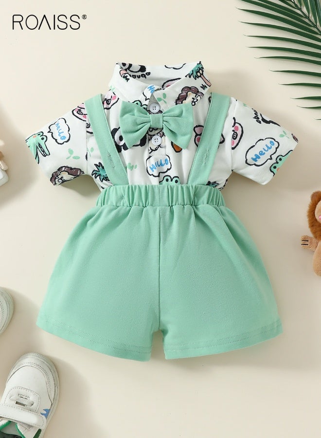 roaiss Baby Boy Clothes Set, Summer Outfit with Cartoon Romper and Suspender Shorts, Little Gentleman Short Sleeve Romper Shirt and Suspender Pants Set with Bow Tie, Suitable for Daily Wear, Performances and Outdoor Activities - Image 3