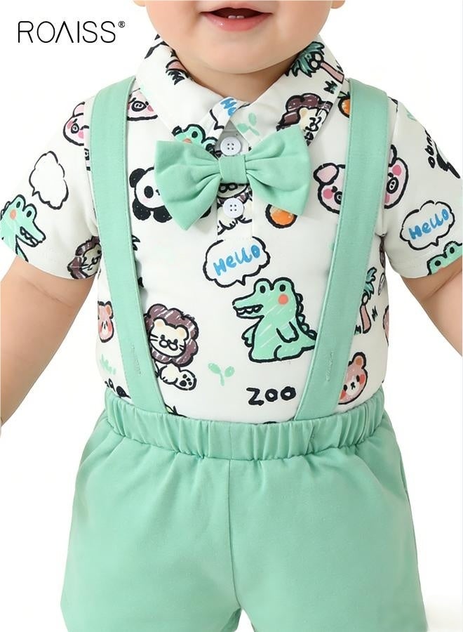 roaiss Baby Boy Clothes Set, Summer Outfit with Cartoon Romper and Suspender Shorts, Little Gentleman Short Sleeve Romper Shirt and Suspender Pants Set with Bow Tie, Suitable for Daily Wear, Performances and Outdoor Activities - Image 2