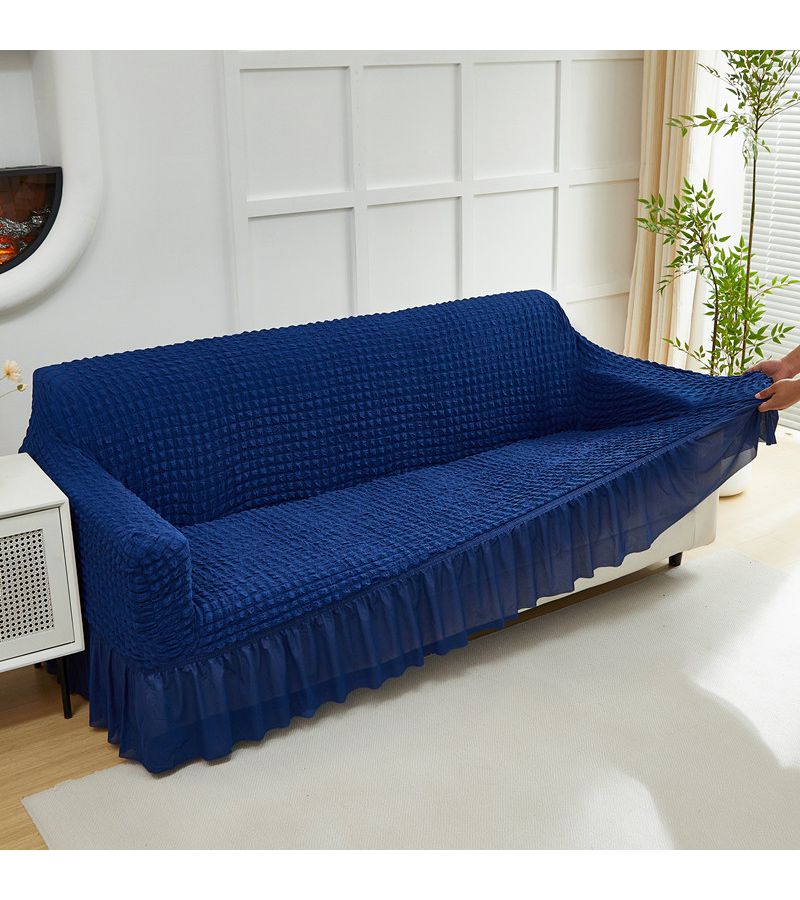 A Dark Blue Seersucker Gauze Bubble Sofa Cover With Ruffled Hem Machine Washable Patchwork Design For Single Double Or Three To Four Seater Sofas In Living Room Bedroom - Image 3