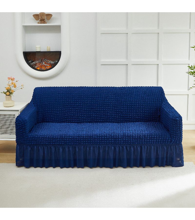 A Dark Blue Seersucker Gauze Bubble Sofa Cover With Ruffled Hem Machine Washable Patchwork Design For Single Double Or Three To Four Seater Sofas In Living Room Bedroom - Image 4