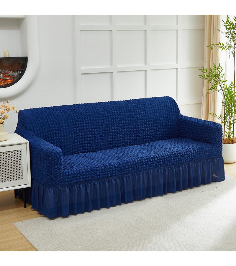 A Dark Blue Seersucker Gauze Bubble Sofa Cover With Ruffled Hem Machine Washable Patchwork Design For Single Double Or Three To Four Seater Sofas In Living Room Bedroom - Image 2