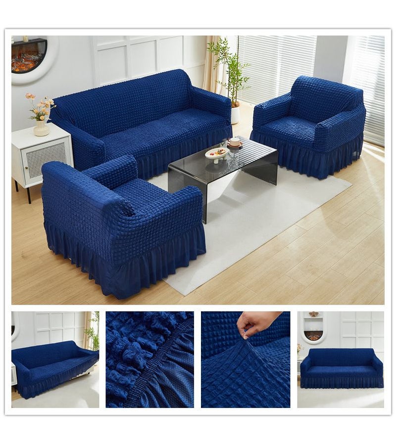 A Dark Blue Seersucker Gauze Bubble Sofa Cover With Ruffled Hem Machine Washable Patchwork Design For Single Double Or Three To Four Seater Sofas In Living Room Bedroom - Image 1