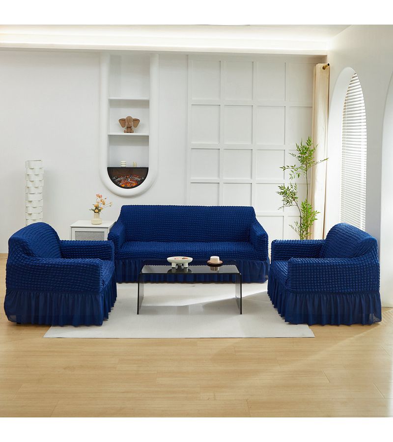 A Dark Blue Seersucker Gauze Bubble Sofa Cover With Ruffled Hem Machine Washable Patchwork Design For Single Double Or Three To Four Seater Sofas In Living Room Bedroom - Image 5